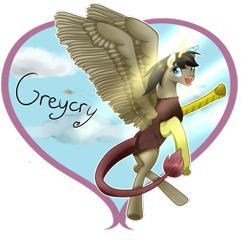 Size: 877x911 | Tagged: safe, artist:tinylittlewatermelon, oc, oc only, oc:greycry, draconequus, pegasus, pony, female, flying, heart, mare, solo, wings