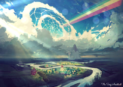 Size: 900x636 | Tagged: safe, artist:rhads, artist:the sexy assistant, edit, canterlot, cloud, cloudsdale, cloudy, lens flare, no pony, ponyville, rainbow, rainbow trail, river, scenery, sky, sweet apple acres