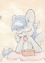 Size: 679x952 | Tagged: safe, artist:slightlyshade, soarin', pegasus, pony, apple pie, chest fluff, cloud, cloudy, eyes closed, pie, solo, that pony sure does love pies, tongue out, traditional art