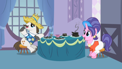 Size: 1280x720 | Tagged: safe, screencap, cookie crumbles, hondo flanks, sisterhooves social, ash, burnt juice, clothes, cookieflanks, hat, pants, rarity's parents, shirt, stool, table