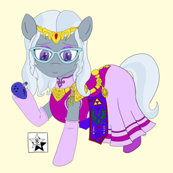 Size: 1600x1600 | Tagged: safe, artist:wodahseht, silver spoon, alternate hairstyle, boots, clothes, cosplay, costume, crossover, cute, dress, filly, glasses, gloves, looking at you, makeup, musical instrument, nintendo, ocarina, princess zelda, saddle, smiling, solo, the legend of zelda, the legend of zelda: ocarina of time, tiara, triforce