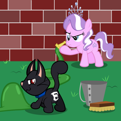 Size: 800x800 | Tagged: safe, artist:magerblutooth, diamond tiara, oc, oc:dazzle, cat, brush, bucket, grass, hose, revenge, wall