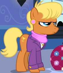 Size: 307x354 | Tagged: safe, screencap, ms. harshwhinny, earth pony, pony, games ponies play, clothes, cropped, female, mare, solo, suit, suitcase, tired