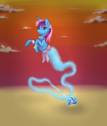 Size: 1452x1696 | Tagged: safe, artist:oosolareclipseoo, oc, oc only, oc:parcly taxel, alicorn, pony, albumin flask, alicorn oc, bracelet, djinn, earring, floating, genie, horn ring, looking at you, necklace, shantae, solo, sunset
