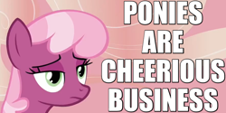 Size: 800x400 | Tagged: safe, screencap, cheerilee, hearts and hooves day (episode), caption, cheerilee is unamused, cheerious, hearts and hooves day, image macro, meme, pun, reaction image, serious business, solo, unamused