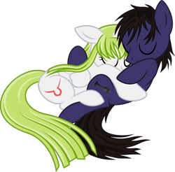 Size: 6186x6078 | Tagged: safe, artist:calicopikachu, artist:dewlshock, earth pony, pegasus, pony, absurd resolution, base used, code geass, cuddling, cute, eyes closed, female, floppy ears, hug, male, on back, ponified, prone, simple background, sleeping, smiling, snuggling, straight, trace, transparent background, vector