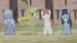 Size: 960x540 | Tagged: safe, screencap, earth pony, pegasus, the cutie map, animated, bucking, creepy, creepy smile, cult, cute, dancing, equal cutie mark, equalized, equalized mane, eyes closed, fake smile, female, folded wings, grin, in our town, left shark, mare, offbeat, quartet, smiling, ungraceful, wide smile, wings