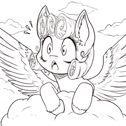 Size: 1000x1000 | Tagged: safe, artist:aphexangel, oc, oc only, pegasus, pony, cloud, cloudy, lineart, monochrome, solo, surprised, unshorn fetlocks, wingboner