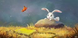 Size: 3041x1481 | Tagged: safe, artist:ajvl, angel bunny, butterfly, angelbetes, bag, cute, solo