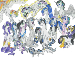 Size: 1024x792 | Tagged: safe, artist:fountainstranger, oc, oc only, oc:prince adonis, oc:prince borealis, oc:prince eclipse, oc:prince equinox, oc:prince northern lights, oc:prince silver eclipse, oc:prince solar eclipse, oc:princess amara, oc:princess amity, oc:princess aria, oc:princess aurora, oc:princess daybreak, oc:princess elipsa, oc:princess lumina, oc:princess penumbra, oc:princess shimmer dusk, colored wings, group, multicolored hair, multicolored wings, offspring, parent:good king sombra, parent:king sombra, parent:princess celestia, parents:celestibra