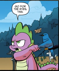 Size: 701x850 | Tagged: safe, artist:andypriceart, idw, spike, bird, deer, dragon, spoiler:comic, spoiler:comic28, baldur's gate, bluebird, brofist, comic, cropped, duo focus, fist bump, idw advertisement, male, official comic, songbird, speech bubble, tina, you know for kids