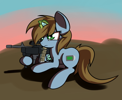 Size: 1445x1187 | Tagged: safe, artist:neuro, oc, oc only, oc:littlepip, pony, unicorn, fallout equestria, bullet, cutie mark, fanfic, fanfic art, female, glowing horn, gun, hooves, horn, magic, mare, solo, telekinesis, wasteland, weapon