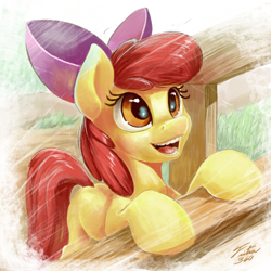 Size: 900x900 | Tagged: safe, artist:tsitra360, apple bloom, earth pony, pony, adorabloom, bow, cute, female, filly, hair bow, open mouth, smiling, solo