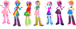 Size: 1524x588 | Tagged: safe, artist:suzukipot, cheerilee (g3), pinkie pie (g3), rainbow dash (g3), scootaloo (g3), starsong, sweetie belle (g3), toola roola, human, equestria girls, g3, core seven, equestria girls-ified, g3 to equestria girls, humanized