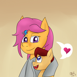 Size: 2000x2000 | Tagged: safe, artist:opheliathepainter, scootaloo, oc, oc:lightning blitz, pegasus, pony, baby, baby pony, clothes, colt, female, heart, hoodie, male, mother and child, mother and son, motherly scootaloo, offspring, parent and child, parent:rain catcher, parent:scootaloo, parents:catcherloo, teenager, tooth