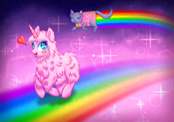 Size: 1700x1197 | Tagged: safe, artist:9de-light6, oc, oc only, oc:fluffle puff, nyan cat, pink fluffy unicorns dancing on rainbows, rainbow