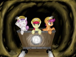 Size: 1000x750 | Tagged: safe, artist:fangzel, apple bloom, scootaloo, sweetie belle, cutie mark crusaders, helmet, minecart, this will end in tears and/or death and/or covered in tree sap, tree sap and pine needles