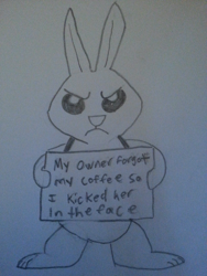 Size: 800x1066 | Tagged: safe, artist:itsthinking, angel bunny, angel is a bunny bastard, flutterbuse, monochrome, pet shaming, pony shaming, shaming, sketch, solo, traditional art