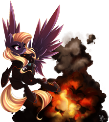 Size: 1000x1123 | Tagged: safe, artist:bamboodog, oc, oc only, oc:comet kicker, fallout equestria, enclave, explosion, solo