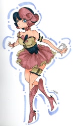 Size: 600x1037 | Tagged: safe, artist:grim-marcher, bon bon, sweetie drops, human, clothes, dress, garter, humanized