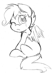 Size: 1404x1969 | Tagged: safe, artist:strangiesleepy, scootaloo, crying, monochrome, pencil drawing, solo, traditional art, wip