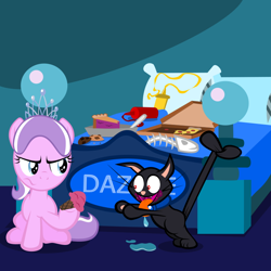 Size: 800x800 | Tagged: safe, artist:magerblutooth, diamond tiara, oc, oc:dazzle, cat, fish, pony, bed, bone, dead, drool, female, filly, food, ice cream, ketchup, mess, mustard, pie, pillow, pizza, punishment, skeleton, tongue out