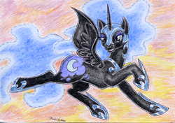 Size: 2472x1739 | Tagged: safe, artist:darkcherry87, nightmare moon, grin, solo, traditional art