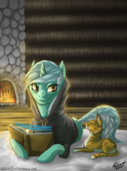 Size: 900x1210 | Tagged: safe, artist:amberswirl, lyra heartstrings, cat, pony, unicorn, fanfic:background pony, book, clothes, fanfic art, fireplace, hoodie
