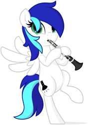 Size: 1803x2541 | Tagged: safe, artist:furrgroup, oc, oc only, oc:aurora rider, pony, bipedal, clarinet, looking at you, musical instrument, simple background, solo, spread wings, white background