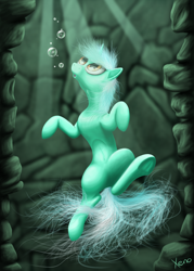 Size: 1024x1434 | Tagged: safe, artist:the1xeno1, lyra heartstrings, bubble, solo, underhoof, underwater