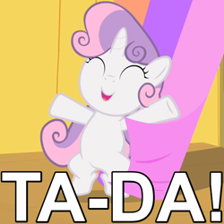 Size: 600x600 | Tagged: safe, edit, screencap, sweetie belle, pony, unicorn, the show stoppers, bipedal, caption, cute, diasweetes, dumb fabric, eyes closed, fabric, female, filly, image macro, open mouth, smiling, solo