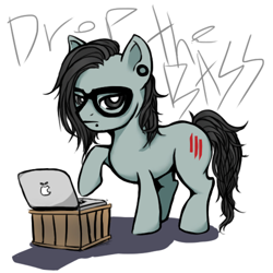 Size: 500x500 | Tagged: safe, artist:fluffyducky-plushie, earth pony, pony, computer, glasses, laptop computer, male, piercing, ponified, skrillex, solo, stallion