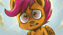 Size: 1024x570 | Tagged: safe, artist:heavy-weight, scootaloo, .mov, cute, cutealoo, gap teeth, solo, swag.mov, worried