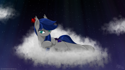 Size: 1191x670 | Tagged: safe, artist:ask-bluehorizon, oc, oc only, oc:blue horizon, bat pony, pony, bedroom eyes, cloud, cloudy, female, hair bow, mare, night sky, on side, solo