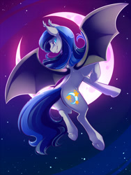 Size: 720x960 | Tagged: safe, artist:duskyamore, oc, oc only, oc:clarity dream, bat pony, pony, bat pony oc, bat wings, blue eyes, crescent moon, ear fluff, fangs, female, flying, frog (hoof), grin, looking at you, looking back, looking back at you, mare, moon, night, night sky, rear view, sky, slit eyes, smiling, solo, spread wings, starry night, underhoof, wings