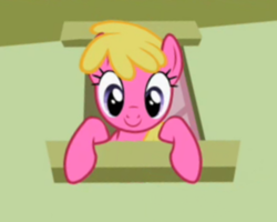 Size: 600x480 | Tagged: safe, edit, edited screencap, screencap, cherry berry, the mysterious mare do well, background pony, c:, cherrybetes, cute, leaning, looking at you, looking down, smiling, solo, window