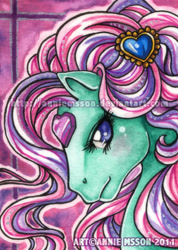 Size: 370x519 | Tagged: safe, artist:anniemsson, g1, aceo, jewel, skylark, watermark