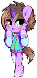 Size: 580x1200 | Tagged: dead source, safe, artist:nauticalsparrow, oc, oc only, oc:karo, pony, bipedal, blushing, clothes, curved horn, simple background, solo, sweater, transparent background