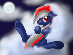 Size: 800x600 | Tagged: safe, artist:jonnysalami, oc, oc only, oc:gloom plus, cloud, cloudy, covering, cute, floppy ears, moon, multicolored mane, night, night sky, on a cloud, on back, red eyes, rule 63, sky, solo, stars, tail covering, tail hug, underhoof