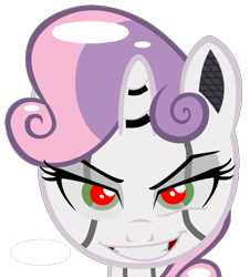 Size: 650x720 | Tagged: safe, artist:dtavs.exe, edit, sweetie belle, sweetie bot, pony, robot, robot pony, unicorn, bust, evil, evil grin, female, filly, foal, horn, portrait, red eyes, simple background, solo, transparent background