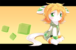 Size: 1024x679 | Tagged: safe, artist:banzatou, earth pony, pony, blushing, bracelet, clothes, crossover, cute, floppy ears, freedom planet, green murder cube, looking at you, milla basset, ponified, sitting, smiling, solo, species swap, video game