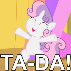 Size: 600x600 | Tagged: safe, alternate version, edit, screencap, sweetie belle, pony, unicorn, the show stoppers, bipedal, caption, cute, diasweetes, dumb fabric, eyes closed, fabric, female, filly, image macro, meme, open mouth, solo