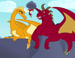 Size: 1024x790 | Tagged: safe, alternate version, artist:queencold, garble, oc, oc:caldera, oc:maximus, dragon, dragon oc, dragoness, father, father and child, father and son, female, lifting, male, mother, mother and child, mother and son, parent, parent and child, prone, rock, teenaged dragon, trio