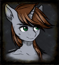 Size: 900x1000 | Tagged: safe, artist:kira-minami, oc, oc only, oc:littlepip, pony, unicorn, fallout equestria, abstract background, bust, fanfic, fanfic art, female, green eyes, horn, mare, portrait, smiling, solo