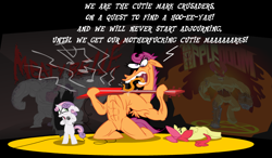 Size: 864x506 | Tagged: safe, apple bloom, scootaloo, sweetie belle, brutaloo, cutie mark crusaders, guitar, vulgar