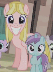 Size: 207x278 | Tagged: safe, screencap, aura (character), liza doolots, petunia, tootsie flute, tornado bolt, pegasus, pony, unicorn, the cutie map, animated, background pony, creepy, creepy smile, cropped, cult, cute, equalized, equalized mane, faic, fake smile, female, filly, foal, folded wings, impossibly large smile, looking at you, mare, smiling, stepford smiler, uncanny valley, wide smile, wings, youtube link