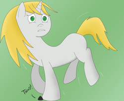 Size: 1000x814 | Tagged: safe, oc, oc only, oc:dizzy down, pony, unicorn, blank flank, frown, gritted teeth, raised hoof, rock, solo, swirly eyes, tripping, wide eyes