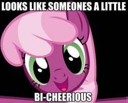 Size: 960x772 | Tagged: safe, artist:comfydove, cheerilee, bi-curious, image macro, smiling, solo, word play