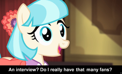 Size: 1600x973 | Tagged: safe, coco pommel, earth pony, pony, comic:celestia's servant interview, caption, cs captions, female, interview, mare, solo