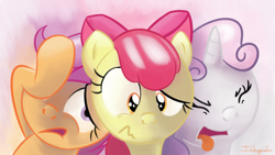 Size: 5120x2880 | Tagged: safe, artist:inkygarden, apple bloom, scootaloo, sweetie belle, absurd resolution, cutie mark crusaders, disgusted, drama queen, faint, shiny hair, shiny mane, tongue out, wavy mouth